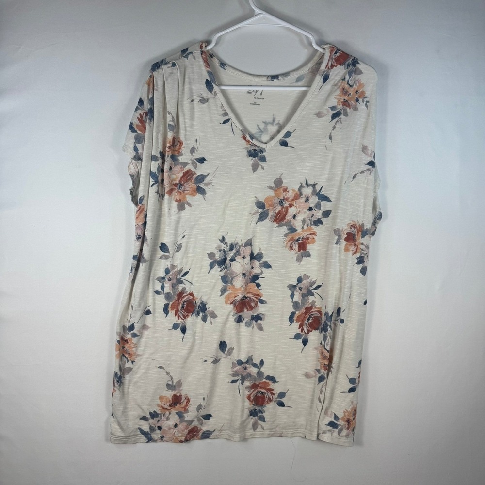 24/7 by Maurices Womens 2X Floral V-Neck Slub Knit Short Sleeve Top Cream Orange